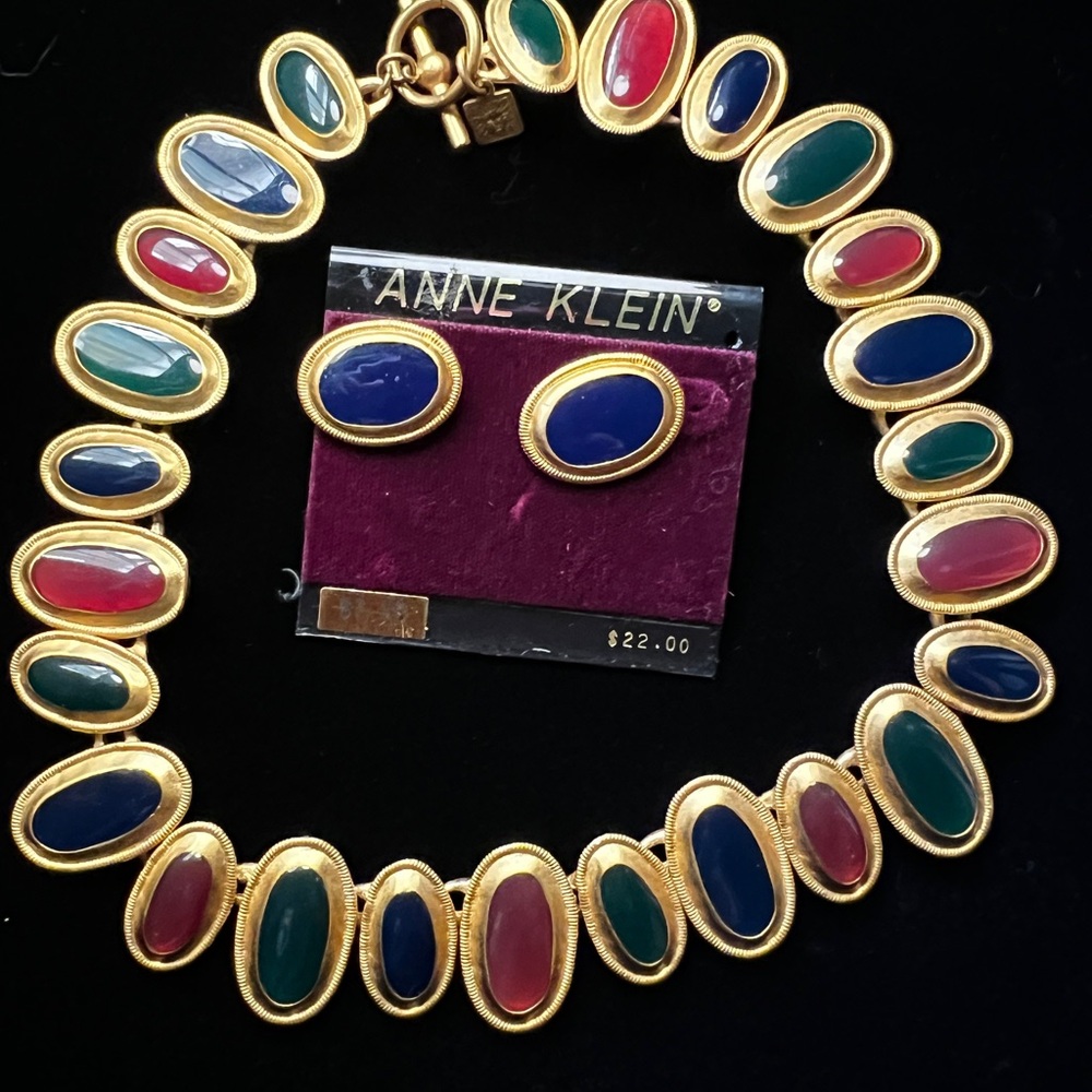 Signed Anne Klein Multicolor Oval Stone Necklace and Earrings Set - Gold Tone